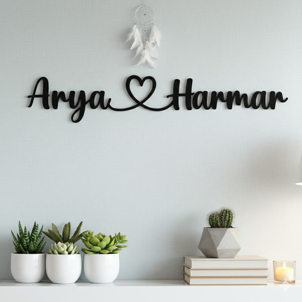 Personalized Wooden Wall Emblem With Couple Name And Heart Sign